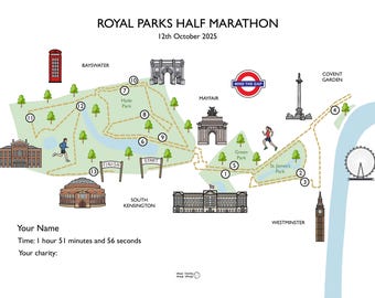 Royal Parks Half Marathon Map Print: London Landmarks, Custom