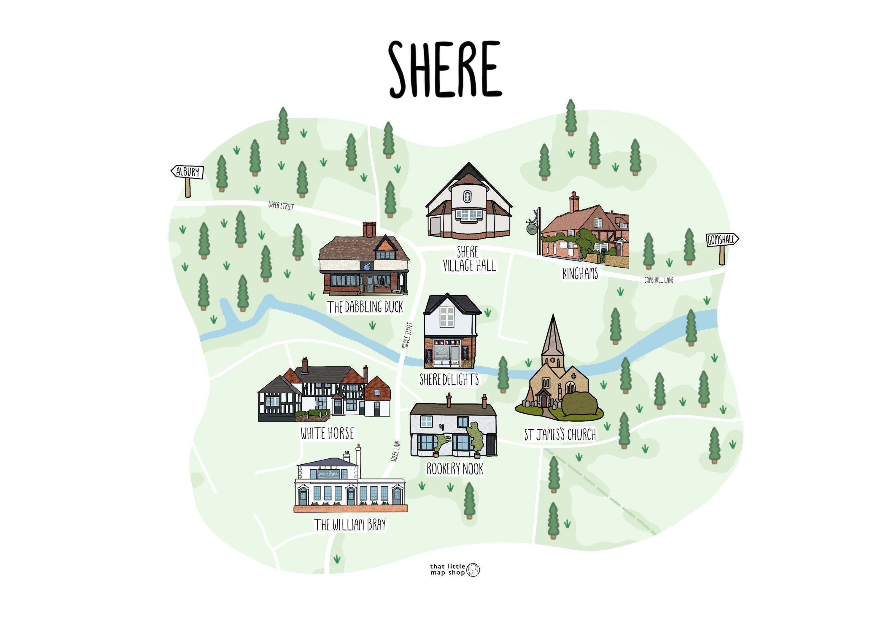 Map of Shere Illustrated Map of Shere Shere Village Surrey Etsy UK