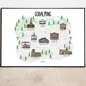 Carte de Godalming - impression de carte de Godalming - carte illustrée de Godalming - Godalming Surrey - carte de Surrey - idée cadeau - art mural