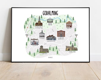 Map of Godalming - Godalming map print - illustrated map of Godalming - Godalming Surrey - Surrey map - gift idea - wall art