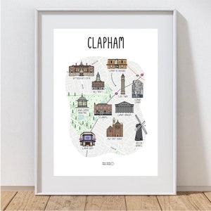 Carte de Clapham - carte illustrée de Clapham - impression carte Clapham de Londres - idée cadeau - art Clapham - idée cadeau