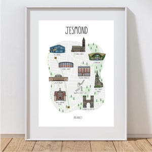 Carte de Jesmond - carte illustrée de Jesmond - carte de Jesmond - Newcastle upon Tyne - Geordie - illustration - art mural - idée cadeau - carte
