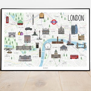 Carte de Londres - carte illustrée de Londres - illustration de carte du centre de Londres - carte de Londres - idée cadeau - carte murale - décoration murale - impression de Londres