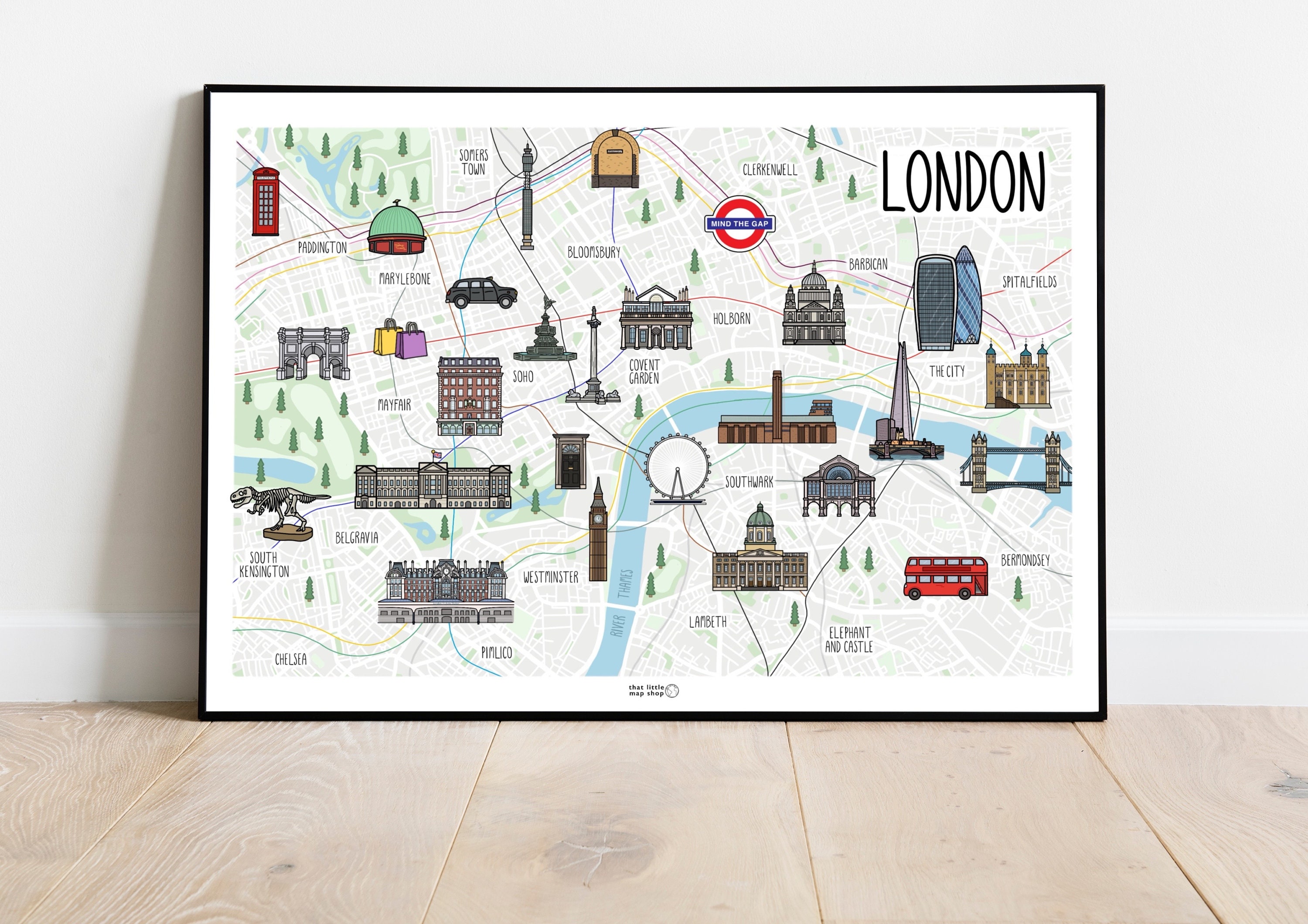 ロンドンの地図 - イラスト付きロンドン地図 - ロンドン中心部の地図イラスト - ロンドン地図 - ギフトのアイデア - 壁掛け地図 - 壁の装飾  - ロンドンのプリント - Etsy 日本