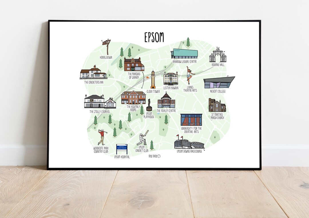 Epsom Map Print: Illustrated Surrey Wall Art - Etsy