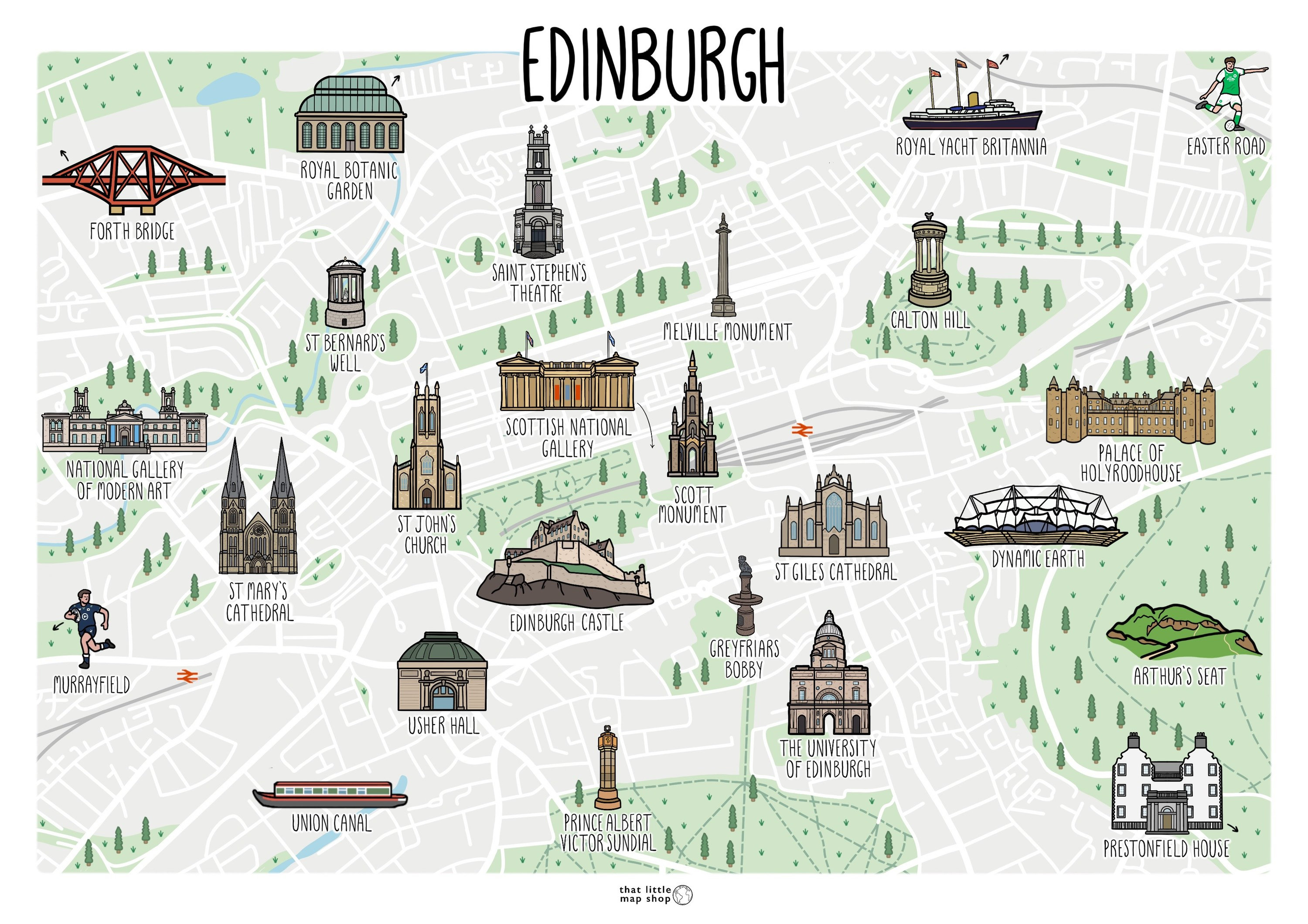 エディンバラの地図プリント：スコットランドのランドマーク