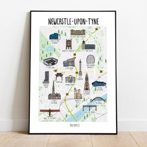 Newcastle upon Tyne map print - custom illustrated hand drawn city map - illustrated city map - map of Newcastle - travel gift ideas