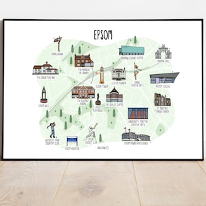 Impression de carte d'Epsom - carte dessinée illustrée personnalisée à la main - carte d'Epsom - carte du Surrey - idée cadeau de voyage art mural