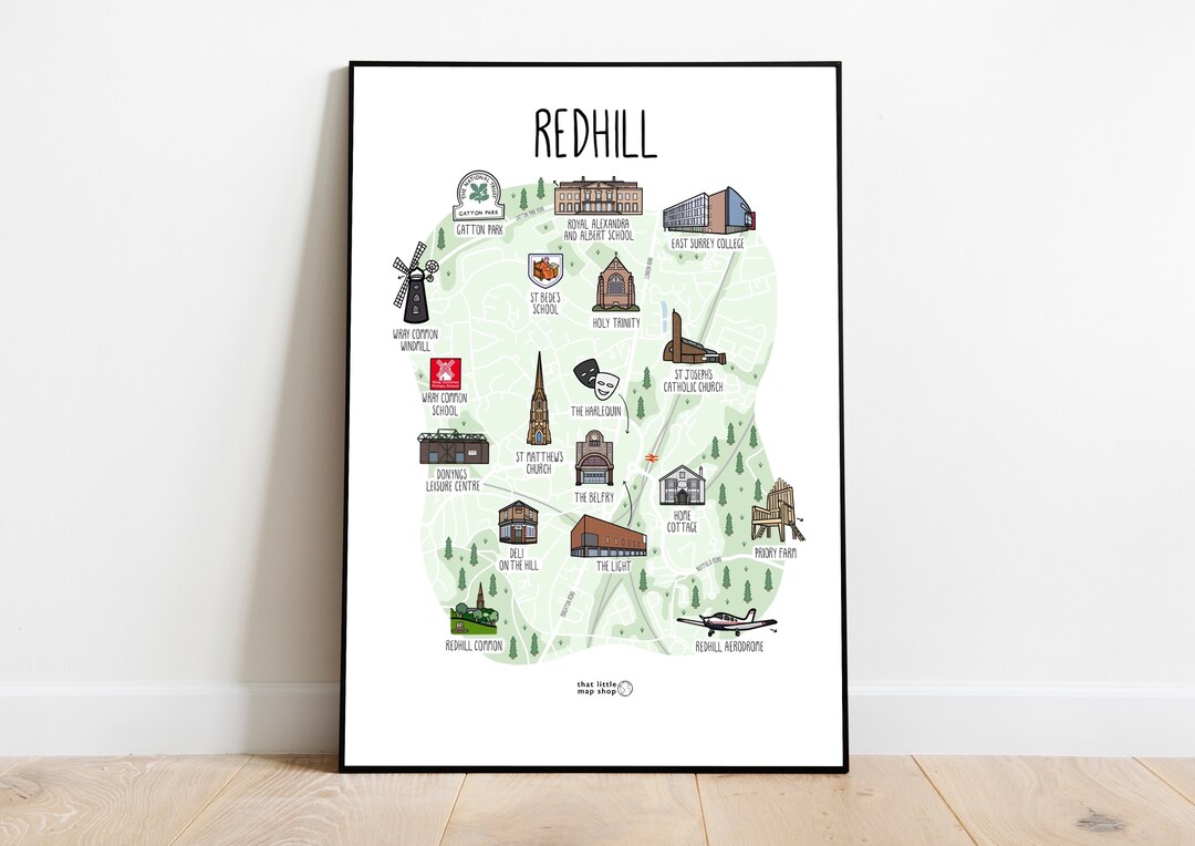 Map of Redhill Illustrated Map of Redhill Surrey Map Print Etsy Canada