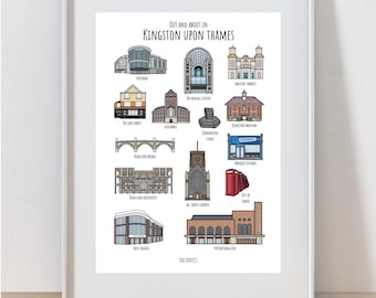 Out and About in Kingston upon Thames - Kingston art print - Kingston wall art - hand drawn illustration - Kingston London - Wall decor