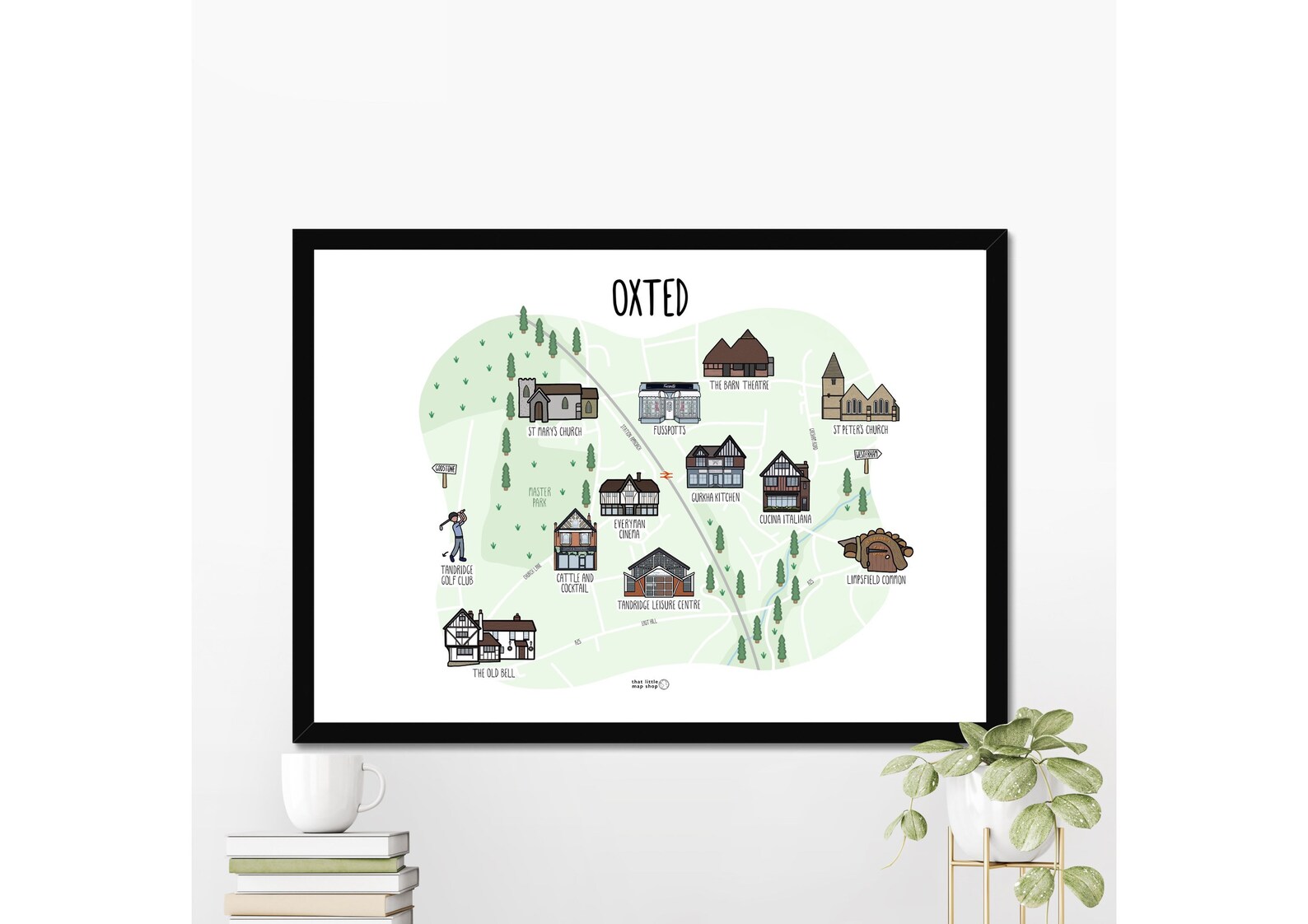 Map of Oxted Illustrated Map of Oxted Map Print of Oxted Oxted Surrey