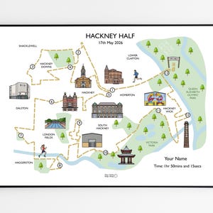 May include: A framed map illustrating the Hackney Half marathon route, dated 17th May 2026. The map shows the race route with illustrated landmarks. Text at the top reads "Hackney Half". Includes the runner's name and time.