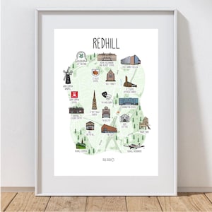 Carte de Redhill - carte illustrée de Redhill - impression de carte de Surrey - carte dessinée à la main de Surrey Hills - idée cadeau