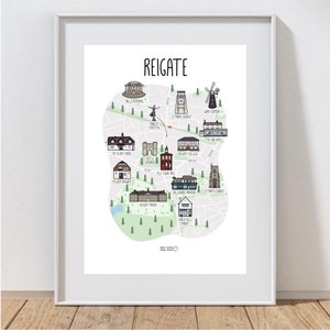 Carte de Reigate (portrait) - impression de carte Reigate - carte dessinée à la main - art de carte illustré - impression de carte Reigate Surrey Hills - idées cadeaux de voyage