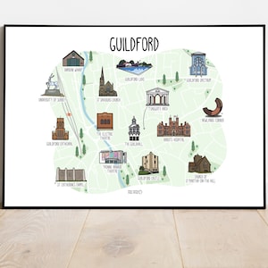 Carte de Guildford - impression de carte de Guildford - carte illustrée de Guildford - carte de Guildford - impression de carte dessinée à la main - idées cadeaux - carte de voyage