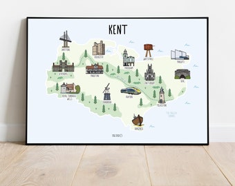 Map of Kent - illustrated map of Kent - Kent map illustration - County map - gift idea - travel gift