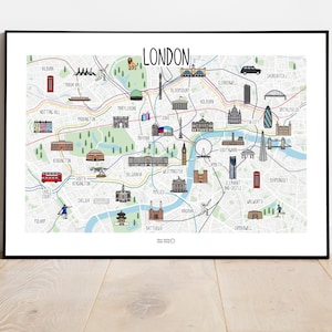 Carte de Londres - carte illustrée de Londres - illustration de carte de Londres - carte de Londres dessinée à la main - idée cadeau - carte murale - décoration murale - impression de Londres