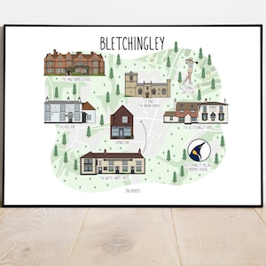 Carte de Bletchingley - impression de carte de Blethcingley - carte dessinée à la main - art de carte illustré - impression de carte de Surrey - idées cadeaux de voyage - art mural