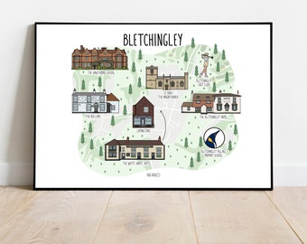 Map of Bletchingley - Blethcingley map print - hand drawn map - illustrated map art - Surrey map print - travel gift ideas - wall art