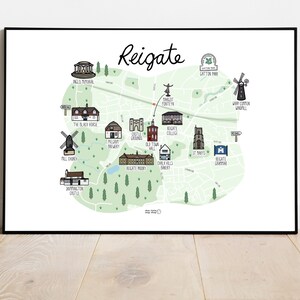 Carte de Reigate (paysage) - impression de carte Reigate - carte dessinée à la main - art de carte illustré - impression de carte Reigate Surrey Hills - idées cadeaux de voyage