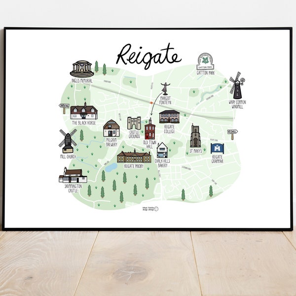Map of Reigate (landscape) - Reigate map print - hand drawn map - illustrated map art - Reigate Surrey Hills map print - travel gift ideas
