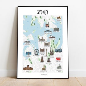 Impression de carte de Sydney - Carte de Sydney - Carte illustrée de Sydney - Illustration de carte de Sydney - Sydney Australie - Déco carte - Idée cadeau