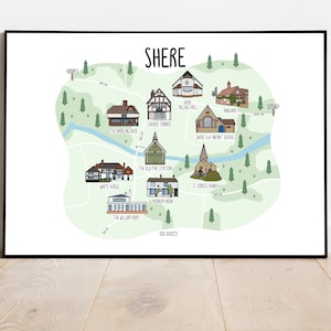 Carte de Shere - carte illustrée de Shere - village de Shere dans le Surrey - carte de Shere - idée cadeau - carte du Surrey - cadeaux de voyage