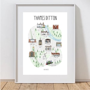 Thames Ditton Map Print: Surrey Illustrated Map, Wall Art Home Decor