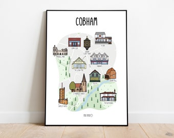 Map of Cobham - Cobham map illustration - Surrey map - Cobham map - wall art - map print - gift idea