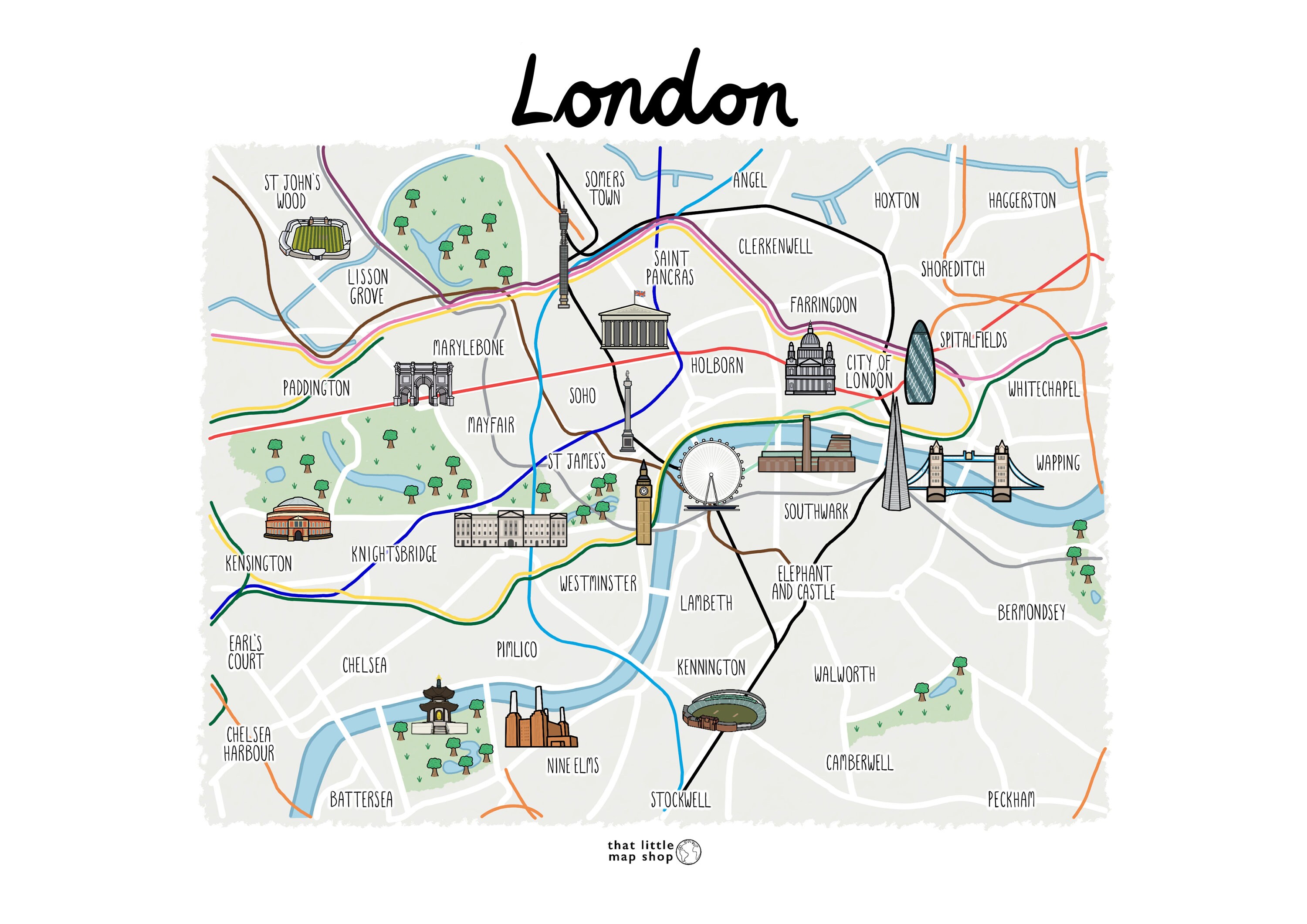 Impresión de mapa de Londres mapa de la ciudad dibujado a | Etsy