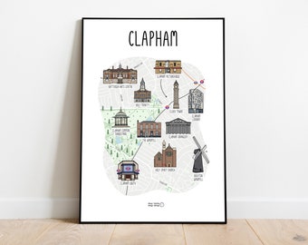 Map of Clapham - illustrated map of Clapham - Clapham London map print - gift idea - Clapham art - gift idea