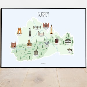 Carte du Surrey - Carte illustrée du Surrey - Illustration de la carte du Surrey - Impression de la carte du Surrey - Cadeau carte illustrée - Cadeau de voyage - Cadeau de mariage