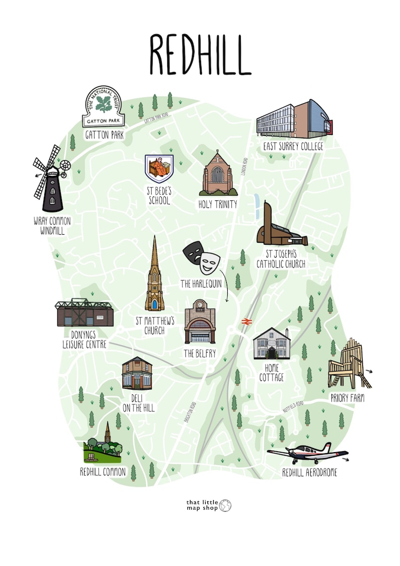 Map of Redhill Illustrated Map of Redhill Surrey Map Print Etsy