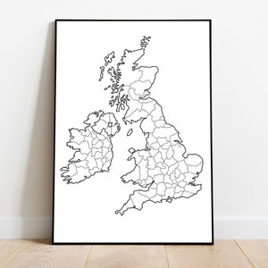 Mapa do Reino Unido e Irlanda - Ilhas Britânicas - desenho de linha - Mapa dos condados do Reino Unido e Irlanda - Reino Unido e Irlanda - Arte de parede - download digital