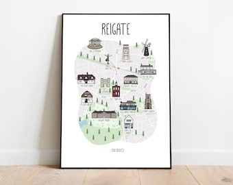 Map of Reigate (portrait) - Reigate map print - hand drawn map - illustrated map art - Reigate Surrey Hills map print - travel gift ideas