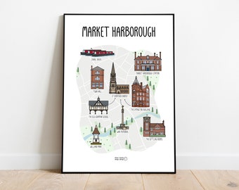 Market Harborough map print - Market Harborough map - illustrated map of Market Harborough - custom map print - gift idea - Leicestershire