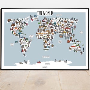 Carte du monde - Illustration de carte du monde - Carte du monde illustrée - Carte pour enfants - Art mural carte du monde - Carte du monde pour enfants