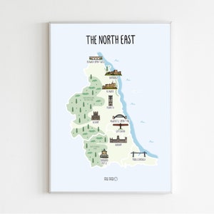 Map of the North East Map of North East England illustrated map Northumberland, Tyne & Wear, Cleveland, Northumbria, County Durham image 3