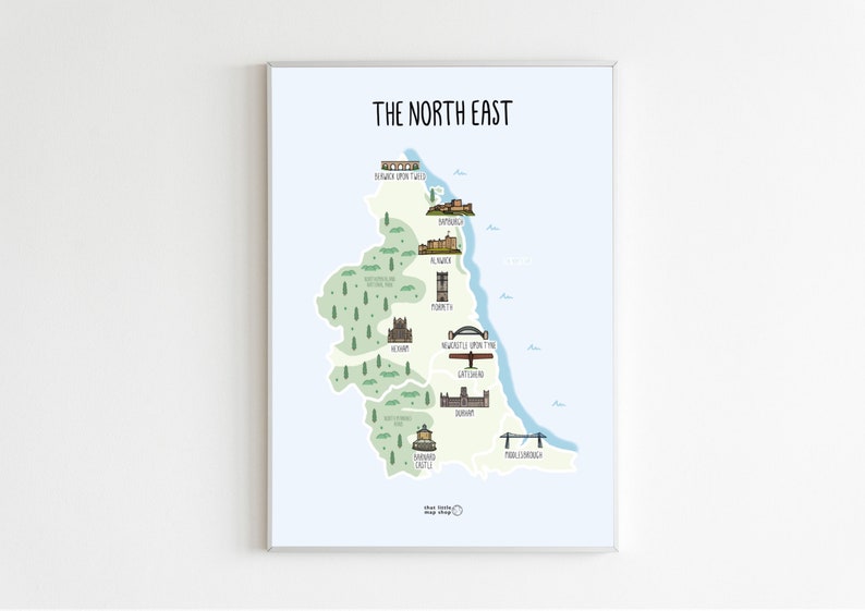 Map of the North East Map of North East England illustrated map Northumberland, Tyne & Wear, Cleveland, Northumbria, County Durham image 3