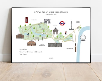 Impression de la carte du semi-marathon des parcs royaux : monuments de Londres, cadeau de coureur personnalisé