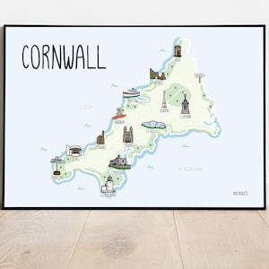 Impression de carte des Cornouailles - Impression de carte de Kernow - carte illustrée des Cornouailles - Illustration de carte des Cornouailles - St Pirans - idées cadeaux de voyage - carte cadeau