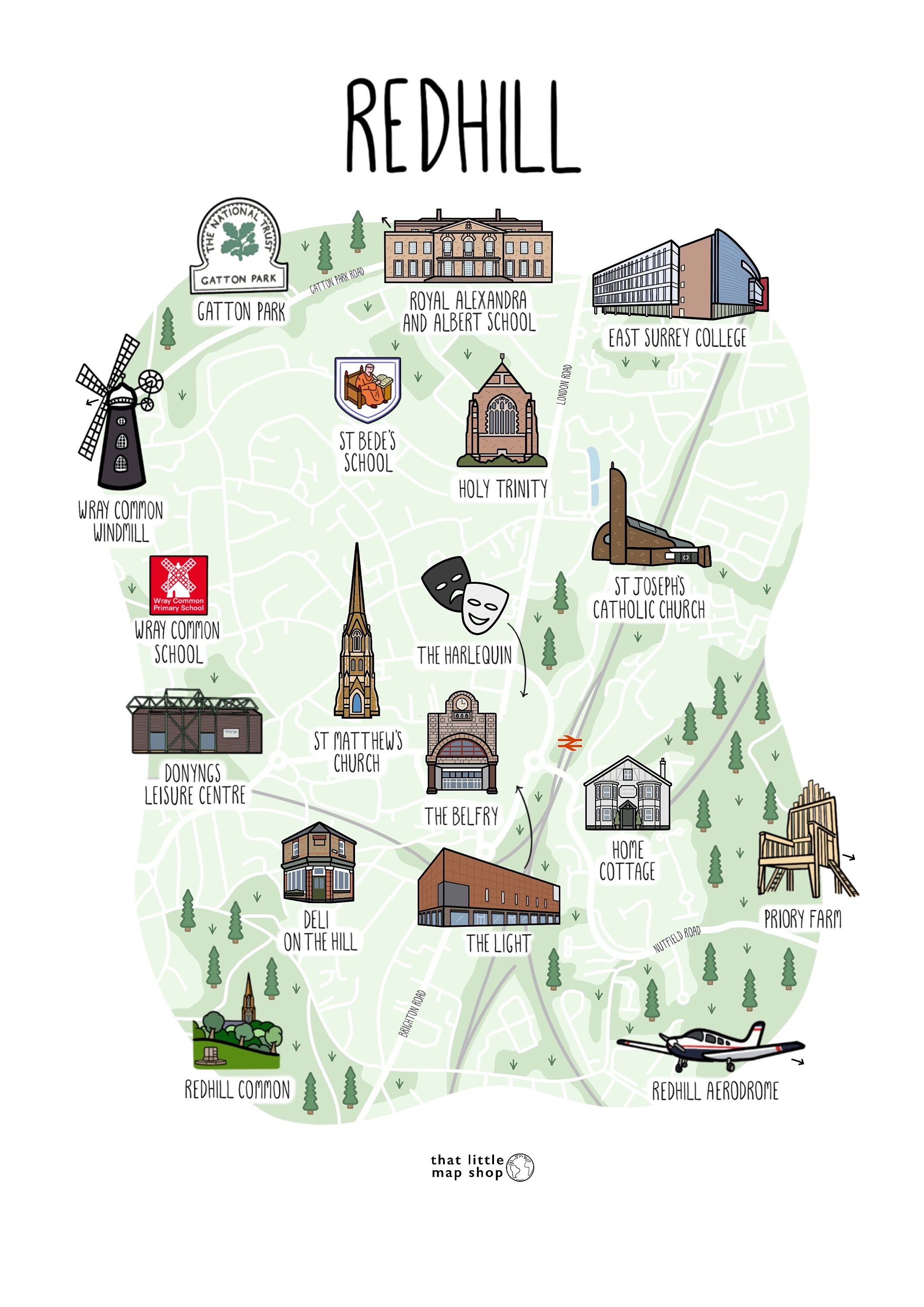 Map of Redhill Illustrated Map of Redhill Surrey Map Print Etsy Canada
