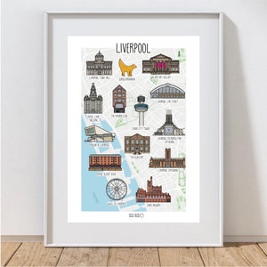 Carte de Liverpool - carte illustrée de Liverpool - carte de Liverpool - illustration de Liverpool - art mural - idée cadeau - carte