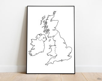 Map of the UK and Ireland - British Isles - line drawing - UK and Ireland map - Map of the UK - Map of Ireland - Wall art - Digital download