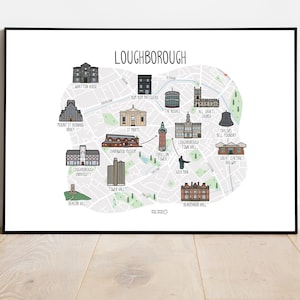 Impression de carte de Loughborough - carte illustrée de Loughborough - carte personnalisée de Loughborough - carte de Loughborough dessinée à la main - carte personnalisée