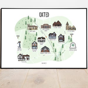 Carte d'Oxted - carte illustrée d'Oxted - impression de carte d'Oxted - carte du Surrey d'Oxted - idée cadeau voyage - impression de carte illustrée