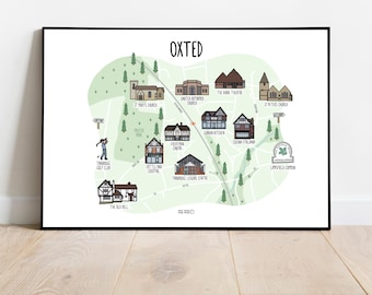 Oxted Map Print: Illustrated Surrey Town Wall Art Home Decor