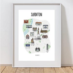 Carte de Surbiton - carte illustrée de Surbiton - Illustration de carte de Surbiton - Kingston upon Thames - idée cadeau carte - décoration d'intérieur