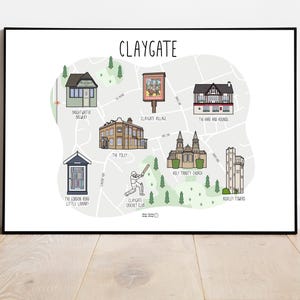 Impression de carte de Claygate - carte de Claygate - carte illustrée de Claygate - carte de Surrey - impression de carte personnalisée - idée cadeau