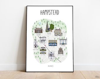 Map of Hampstead - Hampstead map illustration - Hampstead Heath London - London map - Wall art - Gift idea